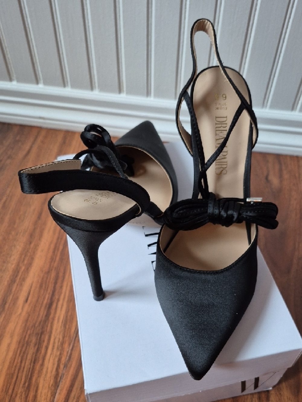 Dream Pairs Black Satin Pointed Toe Lace-Up Slingback Pumps - Picture 6 of 10